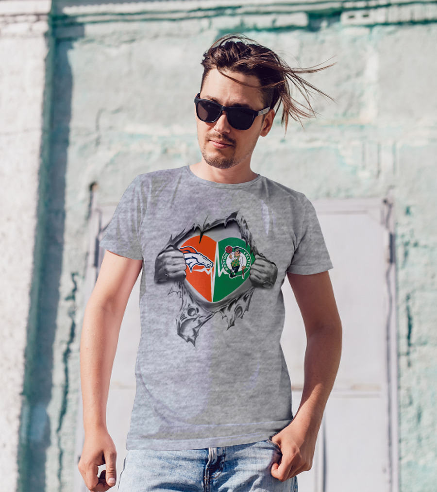 Heart Torn Open Broncos Celtics Fusion T-Shirt