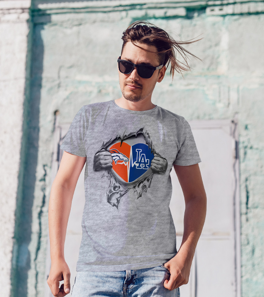 Broncos Dodgers Heartbeat Fusion Logo With Ripped Heart T-Shirt