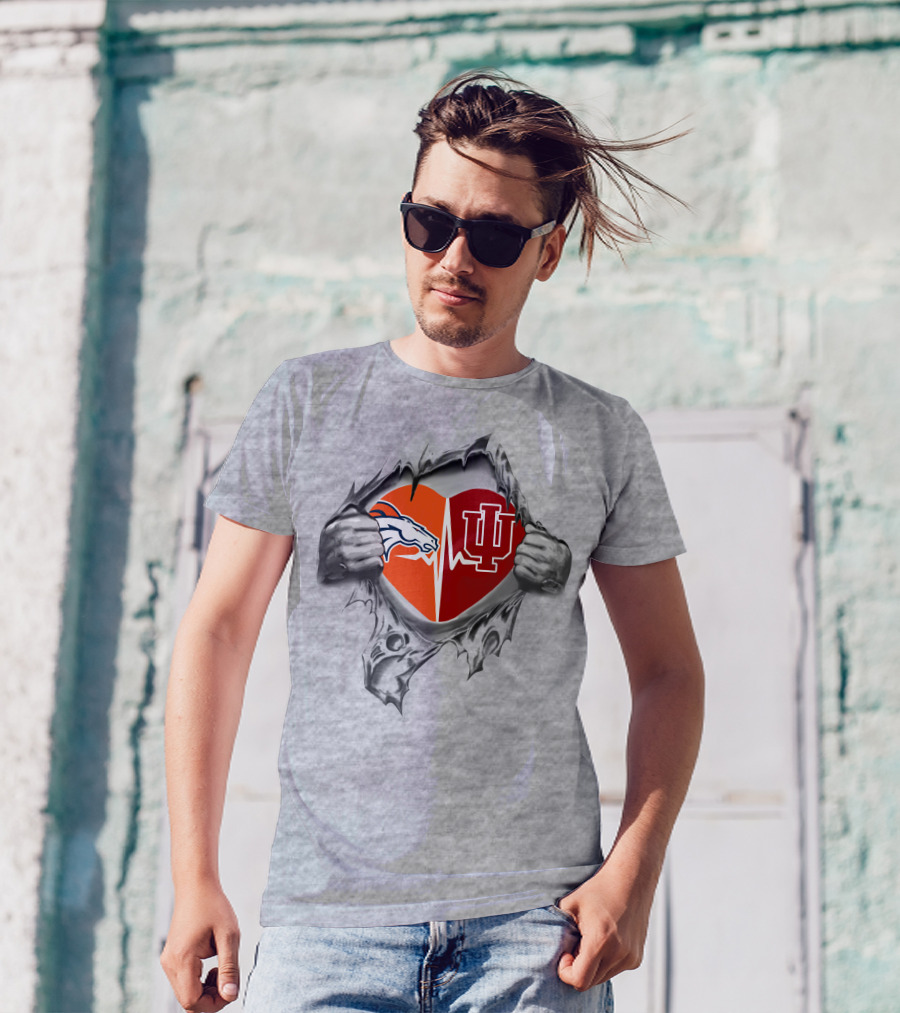 Broncos And Hoosiers Heart Emblem With Split Logos And Ekg Line Featuring Passion And Loyalty T-Shirt