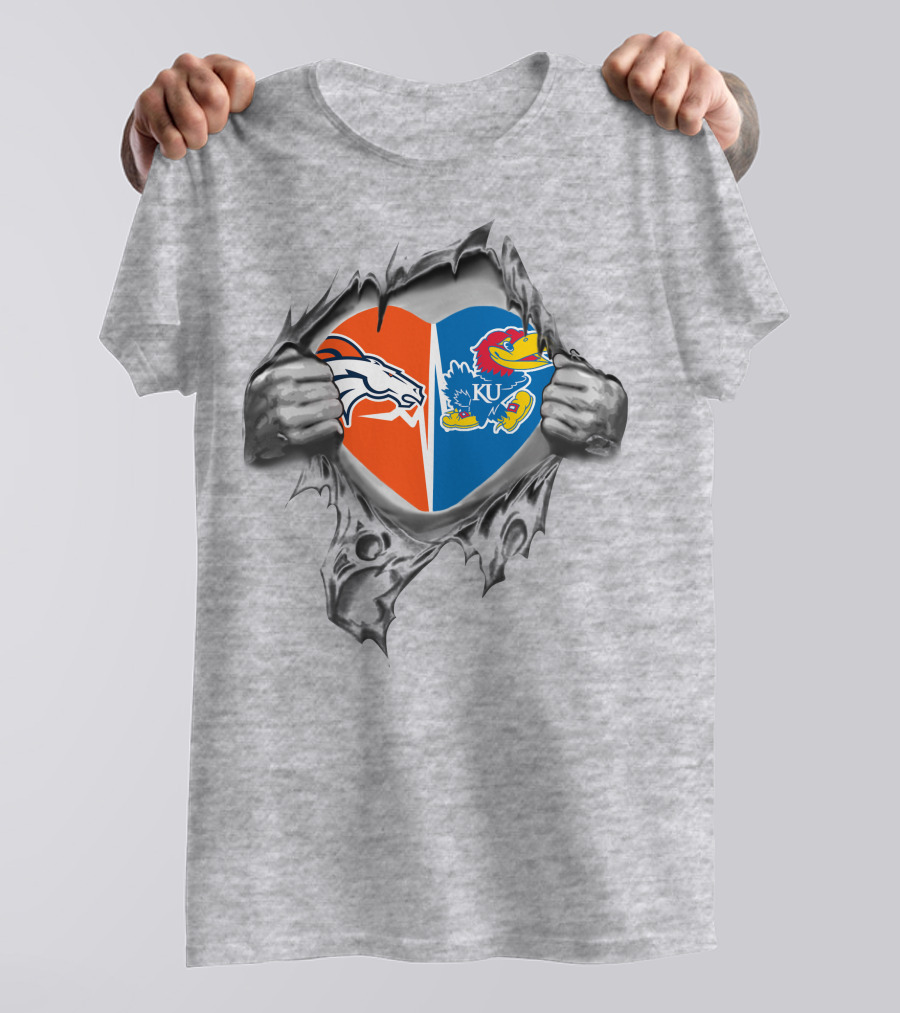 Broncos Kansas Jayhawks Heart Logo Rip T-Shirt