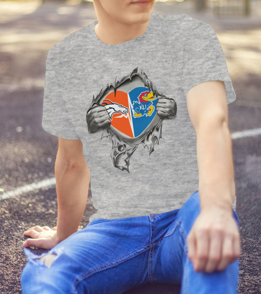 Broncos Kansas Jayhawks Heart Logo Rip T-Shirt