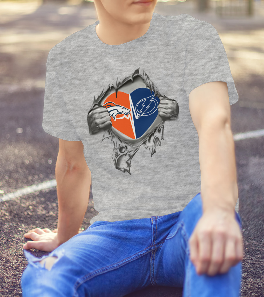 Broncos Lightning Heart With Torn Hands T-Shirt