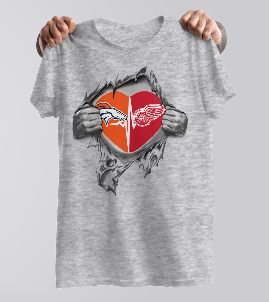 Broncos Red Wings Heart Iconic Fan Love Combining Logos T-Shirt