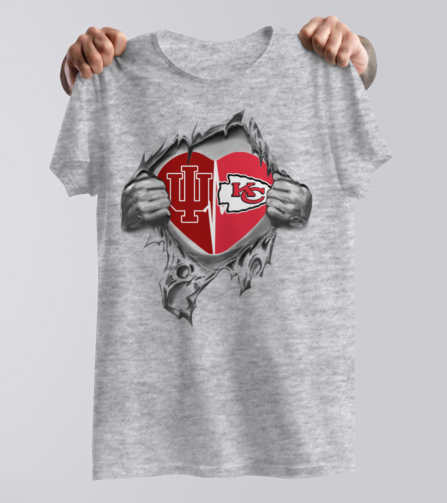 Indiana University Hoosiers And Kansas City Chiefs Heart Logo With Indiana And Kc T-Shirt