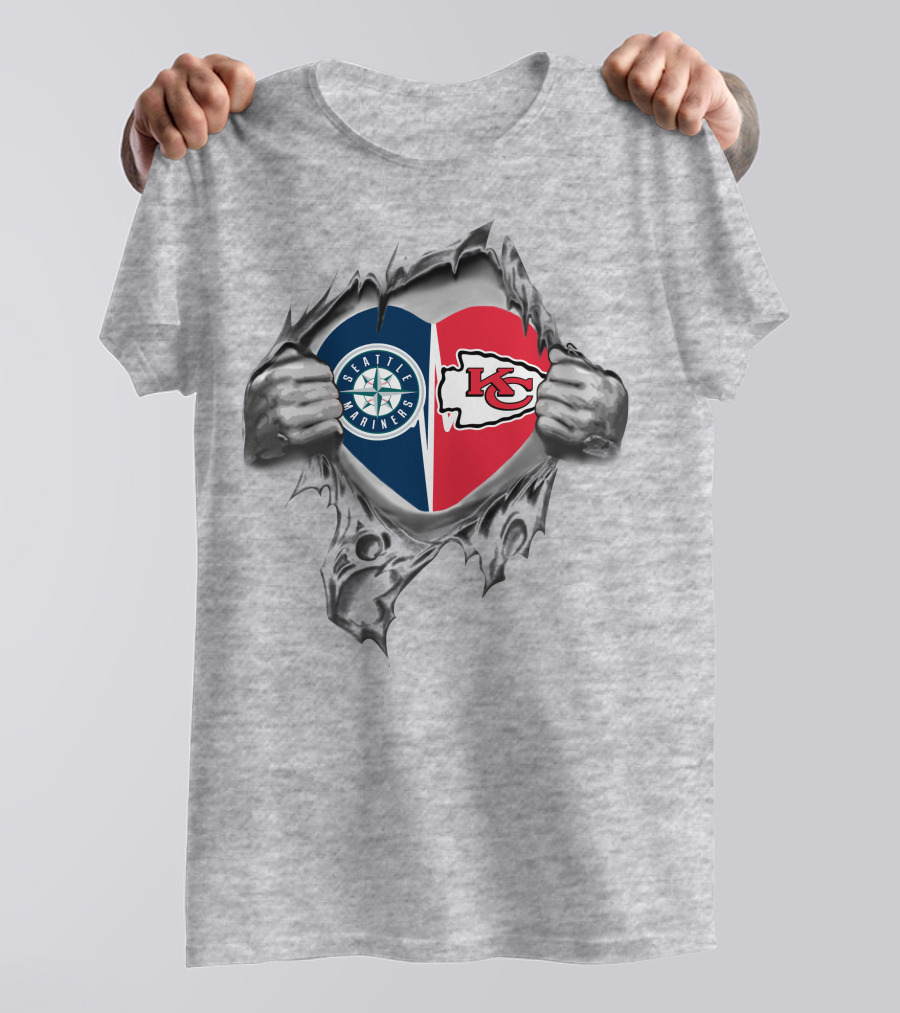 Seattle Mariners Kansas City Chiefs Heart Logos T-Shirt