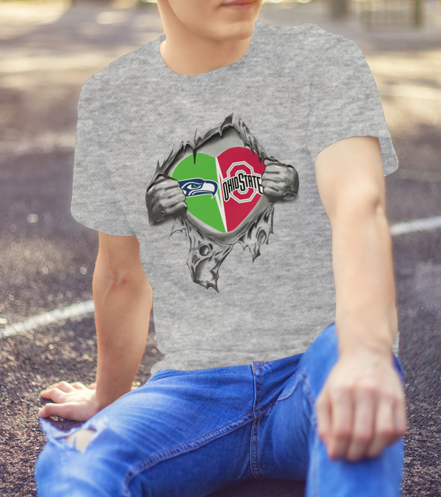 Seahawks Ohio State Split Heart Logo In Hand Tear T-Shirt