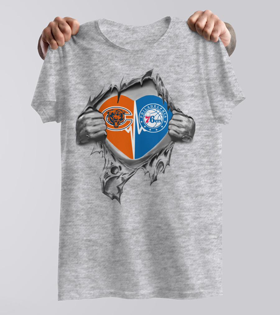 Chicago Bears And Philadelphia 76ers Heart With Tearing Hands T-Shirt