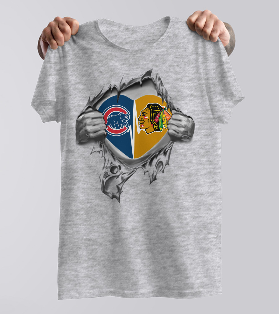 Cubs Blackhawks Split Heart With Iconic Chicago Sports Logos T-Shirt