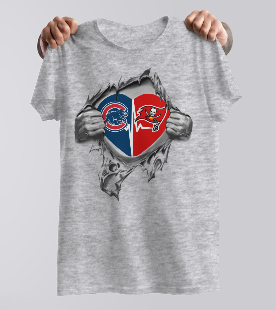 Cubs Buccaneers Heart Logo Split With Hands Peeling Layers T-Shirt