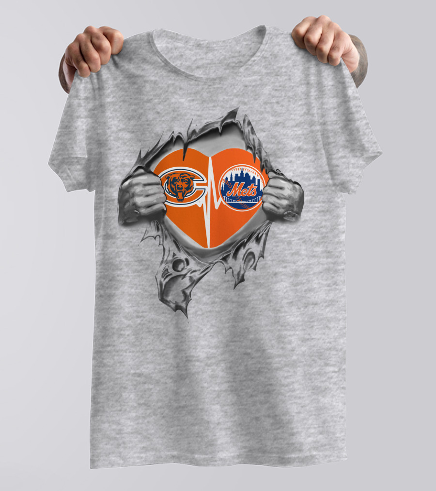 Bears Mets Heart With Logos Torn Background T-Shirt