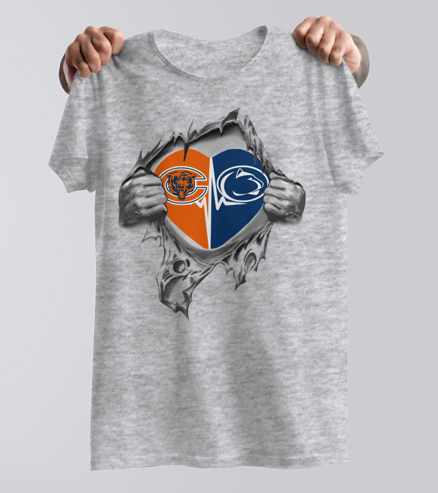 Bears Penn State Heart Logos Tearing Through Chicago Bears Penn State Nittany Lions T-Shirt