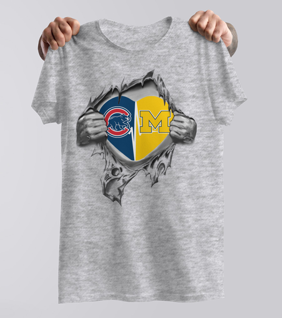 Cubs Michigan Heart Emblem With Hands Tearing T-Shirt