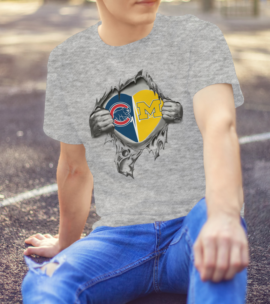 Cubs Michigan Heart Emblem With Hands Tearing T-Shirt
