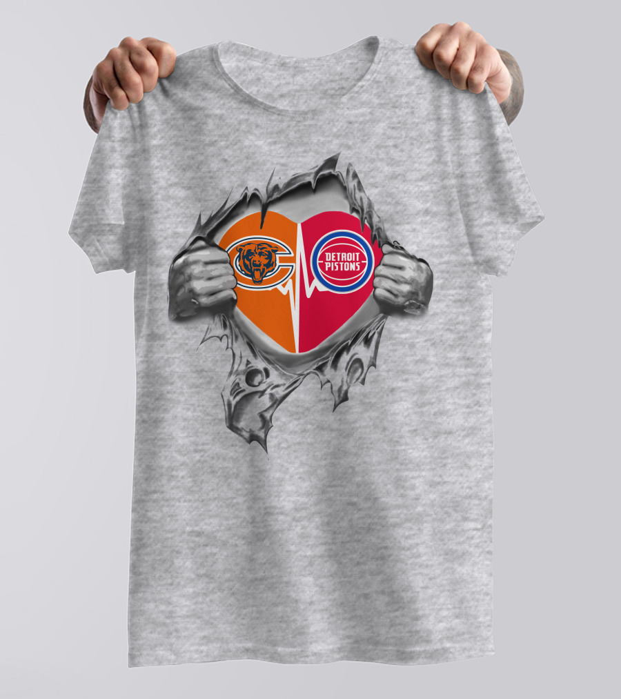 Chicago Bears Detroit Pistons Heart Torn Steel T-Shirt