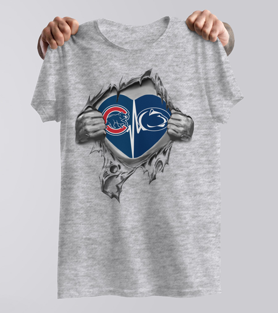 Cubs Penn State Heartbeat Split Logo Inside Ripped Chest T-Shirt
