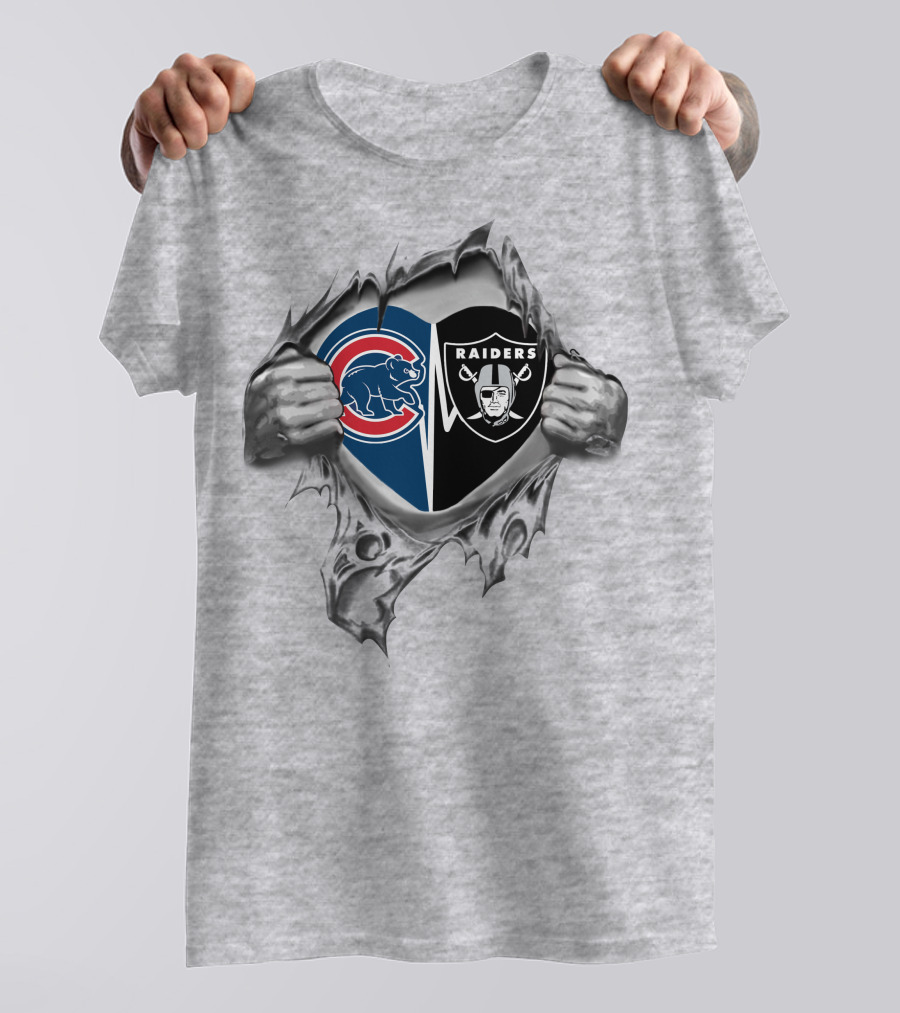 Cubs Raiders Heart Torn Reveal Hands Dual Team Loyalty T-Shirt