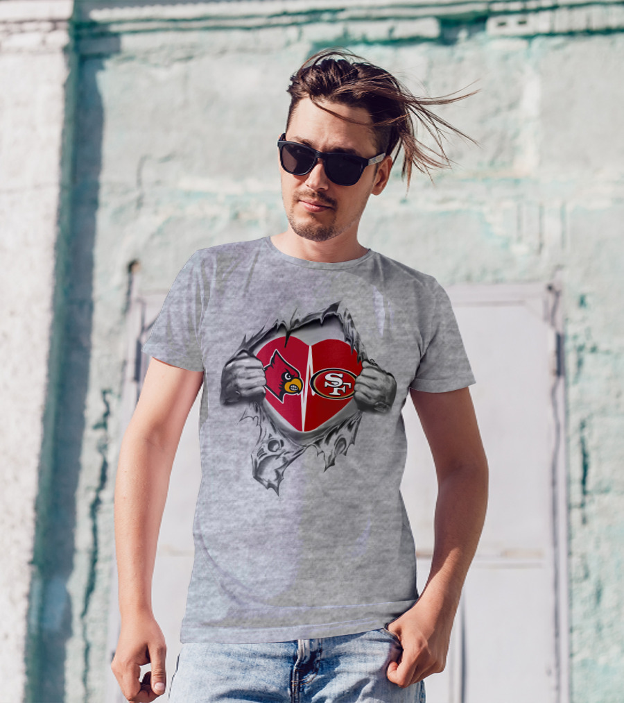 49ers Cardinals Heart With Logos And Tearing Hands T-Shirt