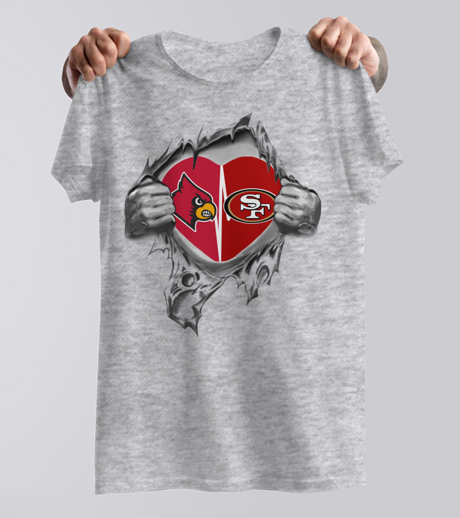 49ers Cardinals Heart With Logos And Tearing Hands T-Shirt