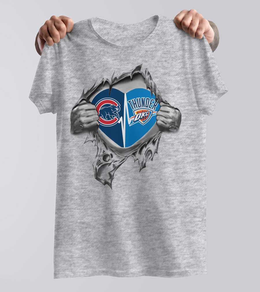 Cubs Thunder Heart Split - Chicago Cubs OKC Thunder Fan Passion T-Shirt
