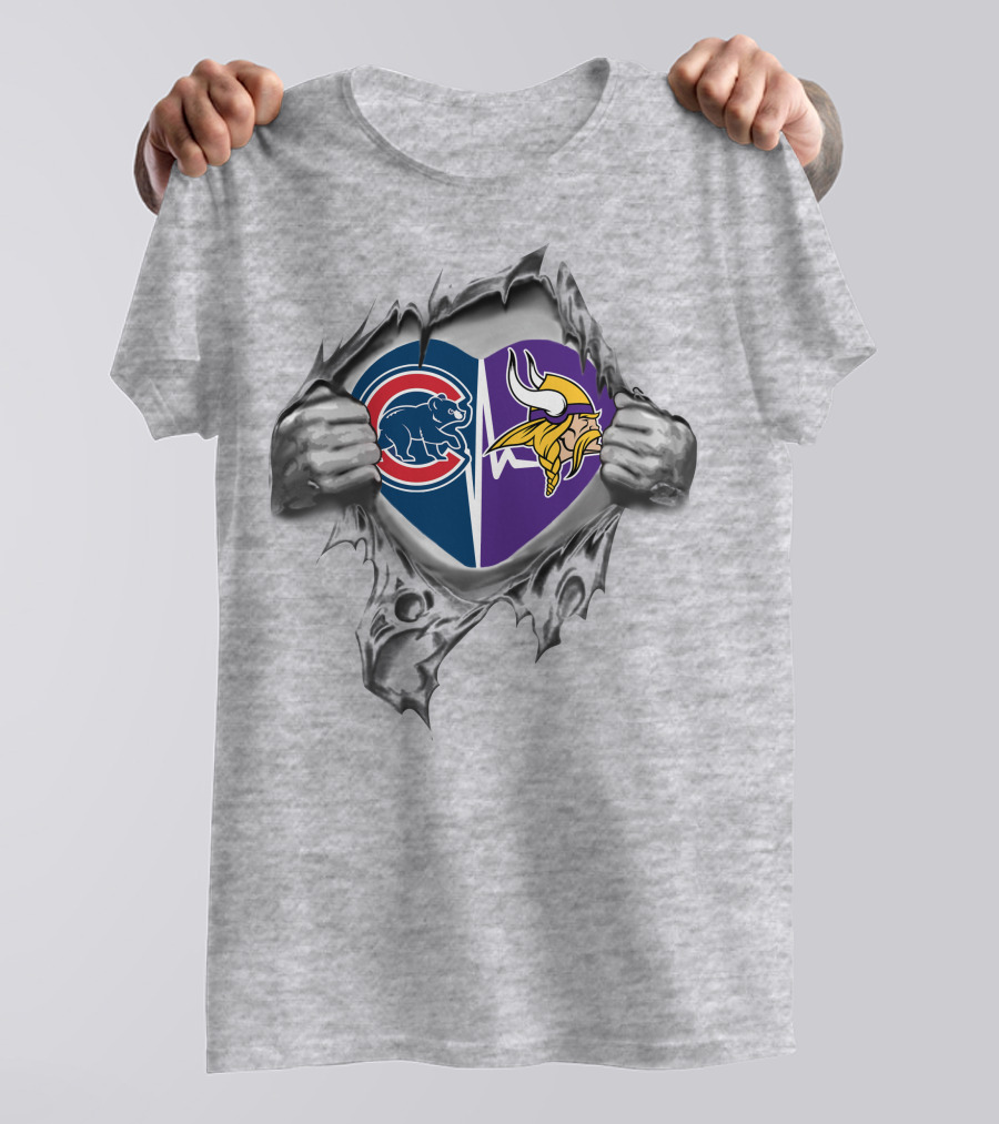 Cubs Vikings Heart Iconic Logo Combination Torn Reveal T-Shirt