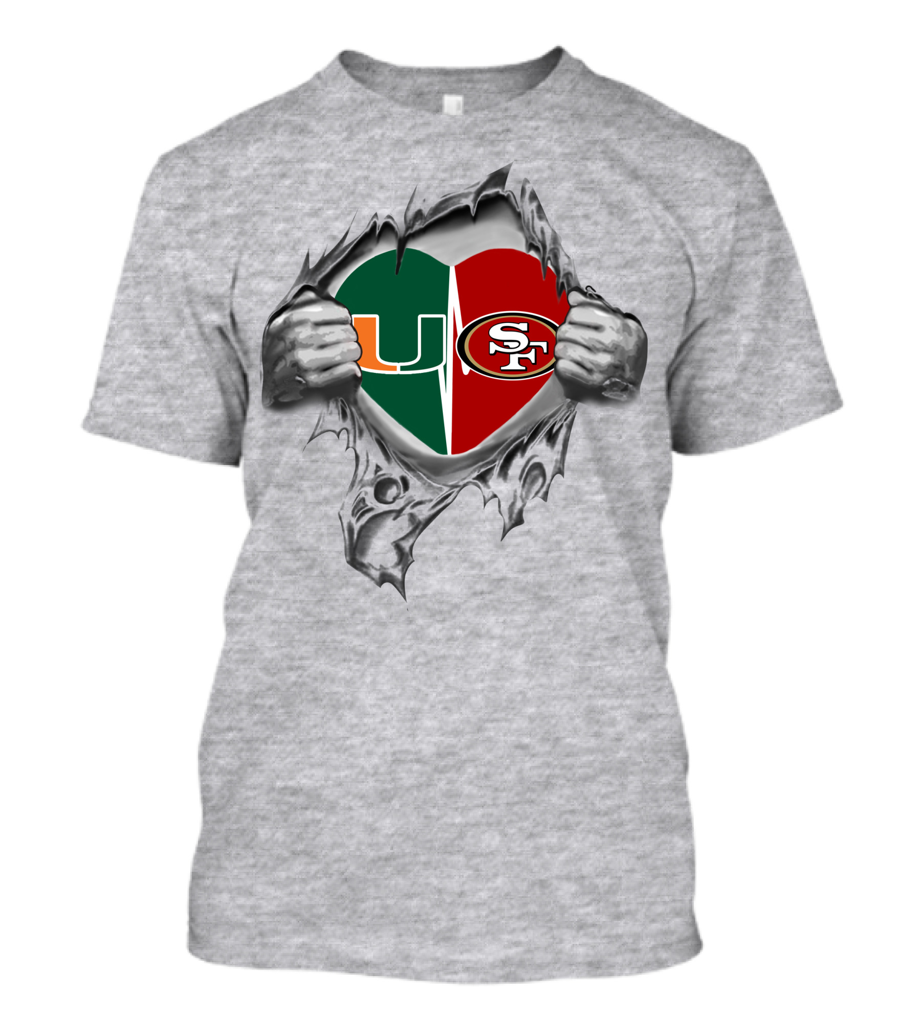 University Of Miami Hurricanes And San Francisco 49ers Split Heart T-Shirt