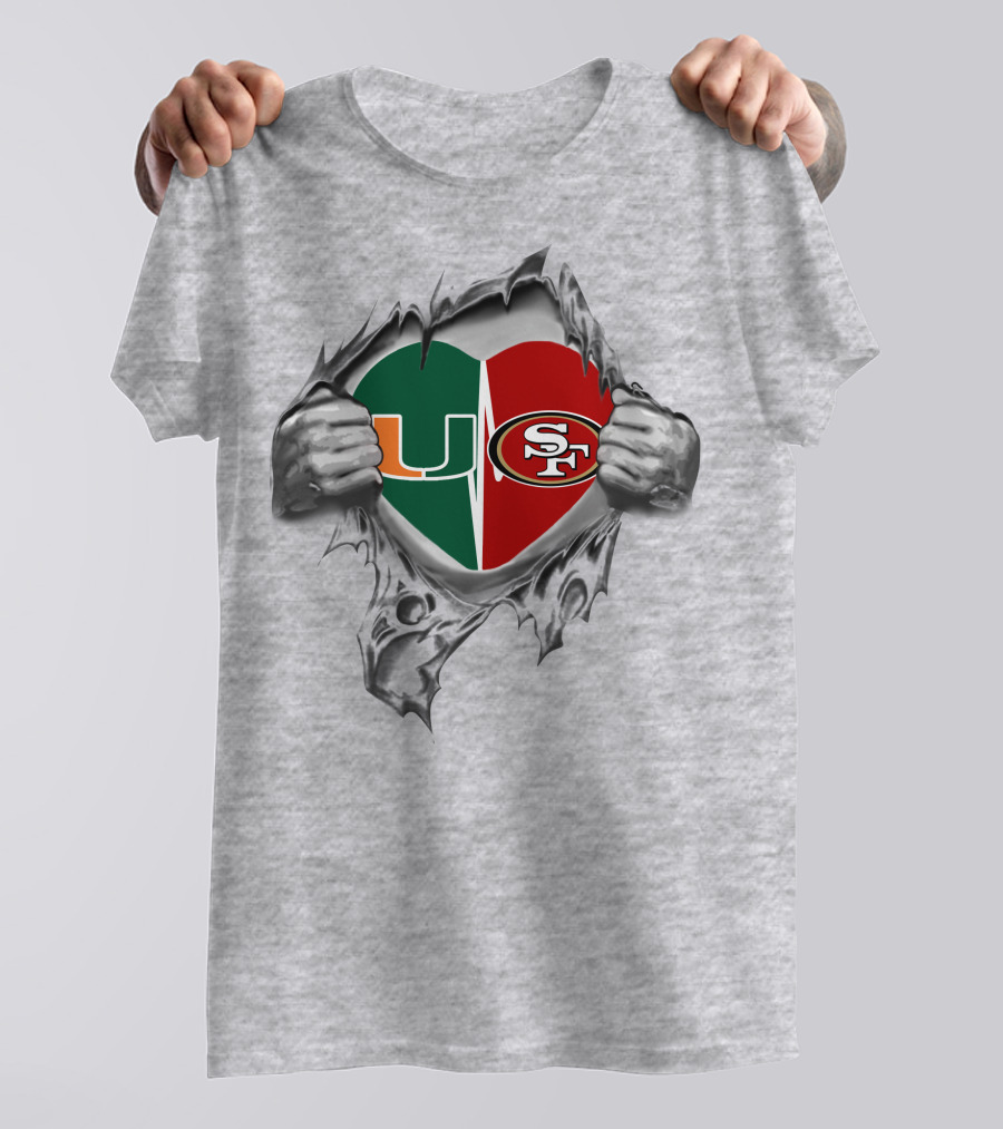 University Of Miami Hurricanes And San Francisco 49ers Split Heart T-Shirt