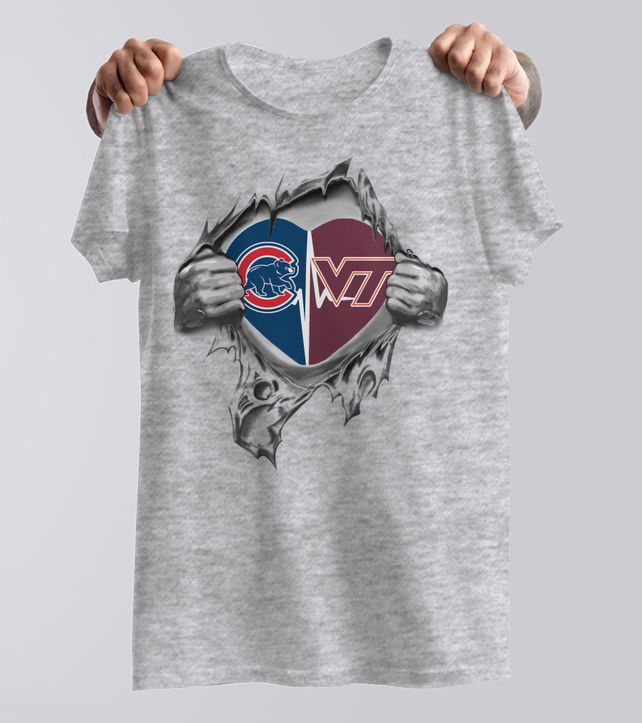 Cubs And Virginia Tech Heart Graphic Tear T-Shirt