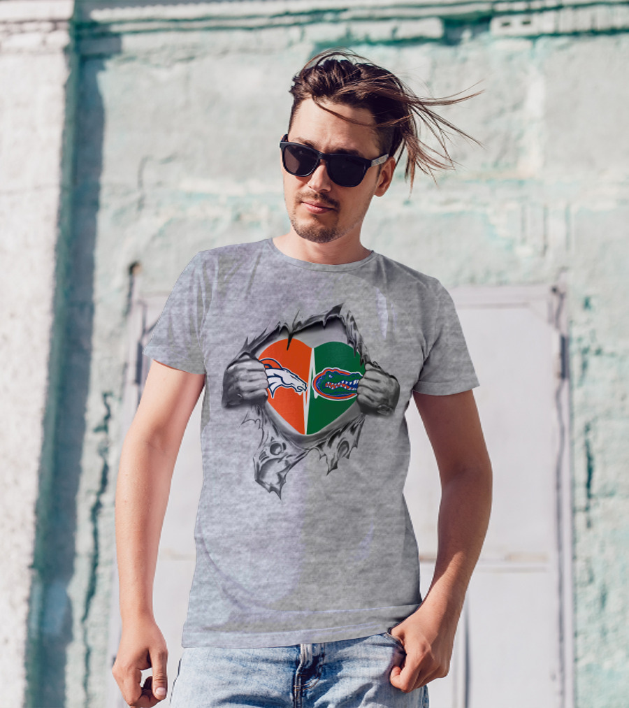 Broncos Gators Heart With Tearing Hands T-Shirt