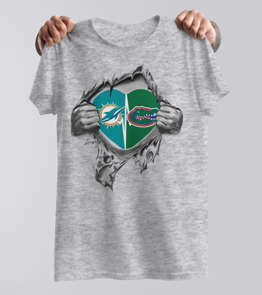 Miami Dolphins And Florida Gators Heart Logo Fan T-Shirt