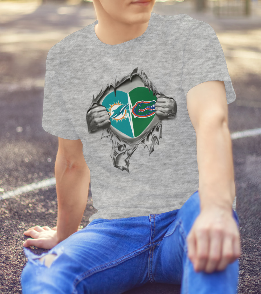 Miami Dolphins And Florida Gators Heart Logo Fan T-Shirt