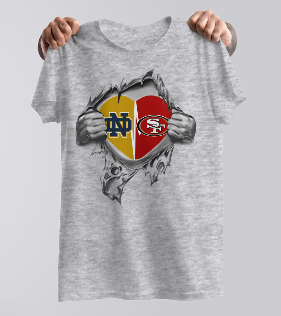 Notre Dame And San Francisco 49ers Heart Symbol Pulled By Hands T-Shirt