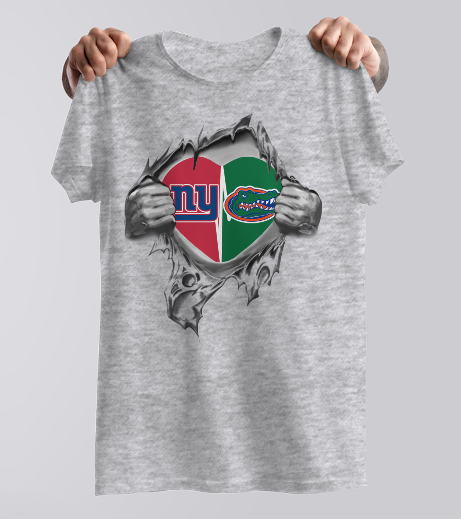 NY Giants And Florida Gators Heart Torn Open T-Shirt