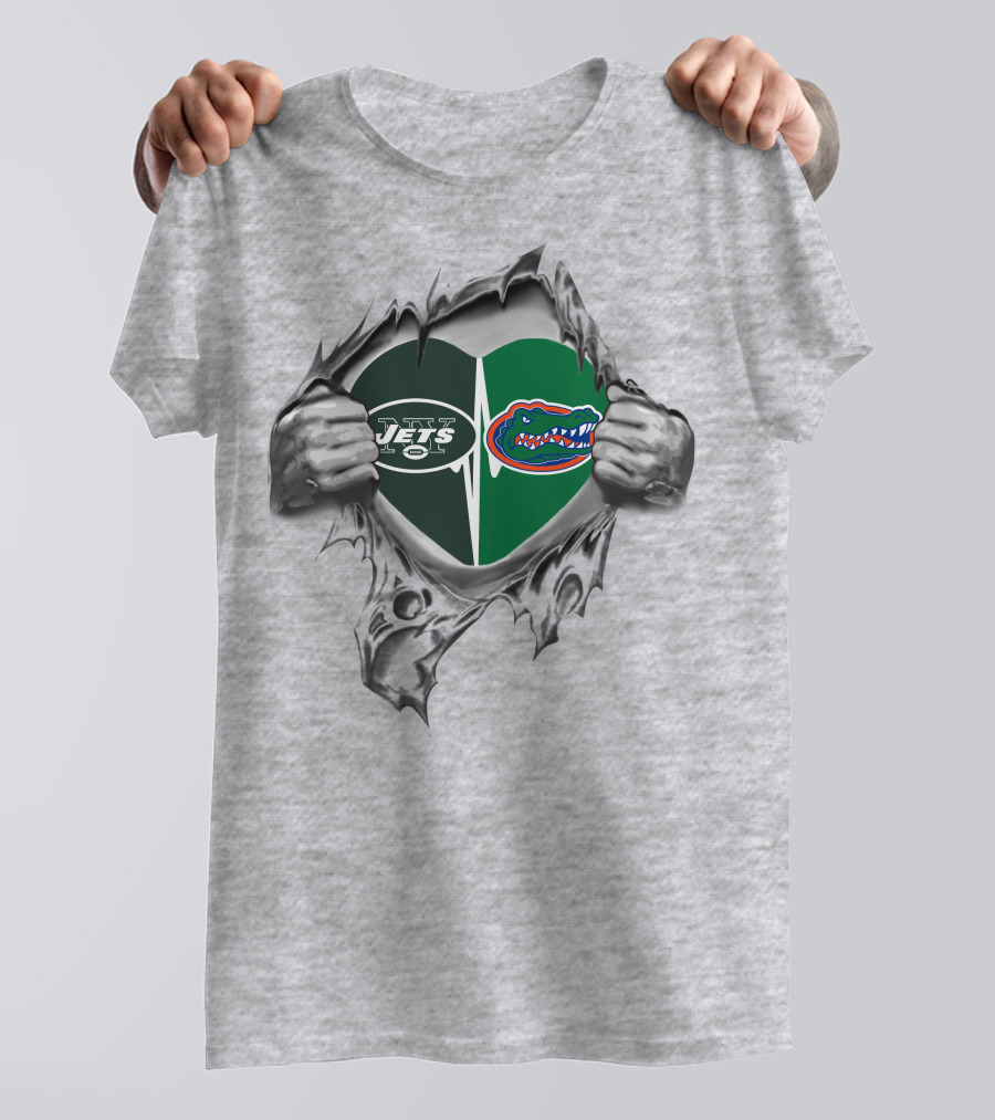 Jets Gators Heart Rip Logo NFL New York Florida Combo T-Shirt