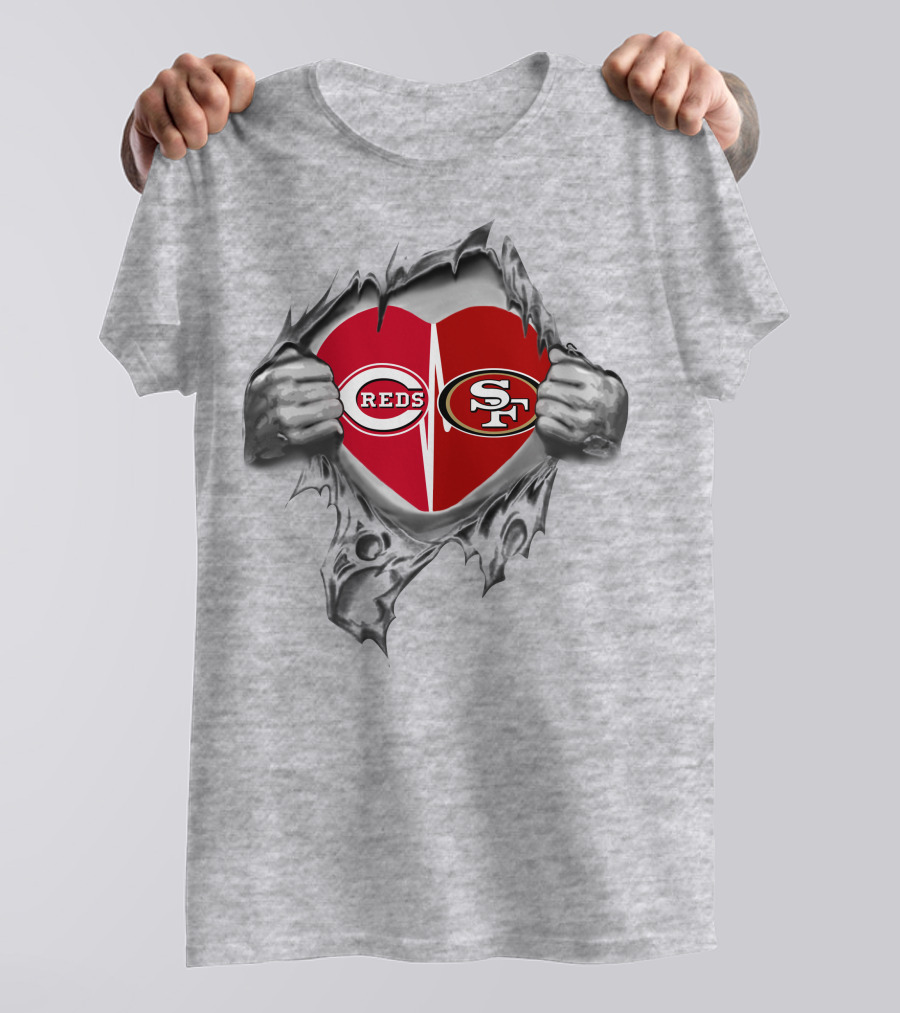 San Francisco 49ers And Cincinnati Reds Heart Tear T-Shirt