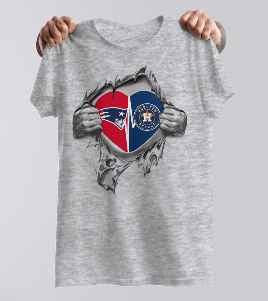 Patriots Astros Heart With Logos Torn Fabric T-Shirt