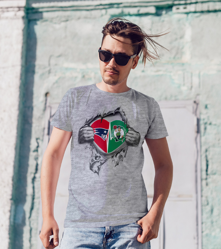 Patriots And Celtics Heart Symbol Pulled Open By Hands T-Shirt