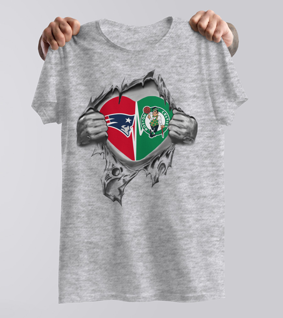 Patriots And Celtics Heart Symbol Pulled Open By Hands T-Shirt