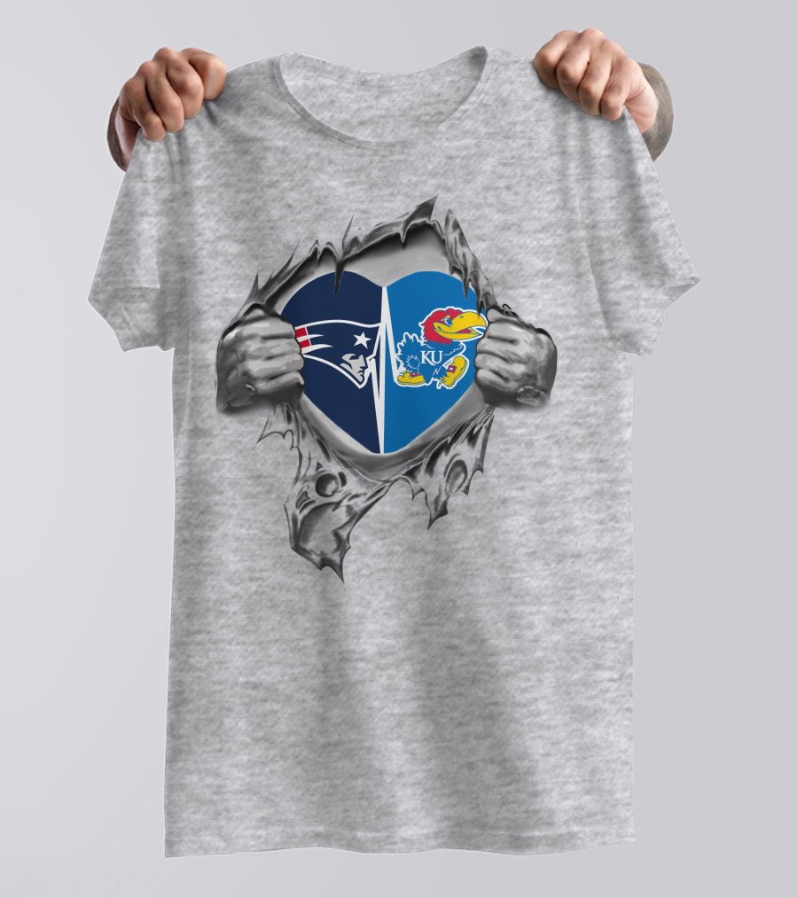 Patriots Kansas Jayhawks Heart Symbol Silver Torn Fabric T-Shirt