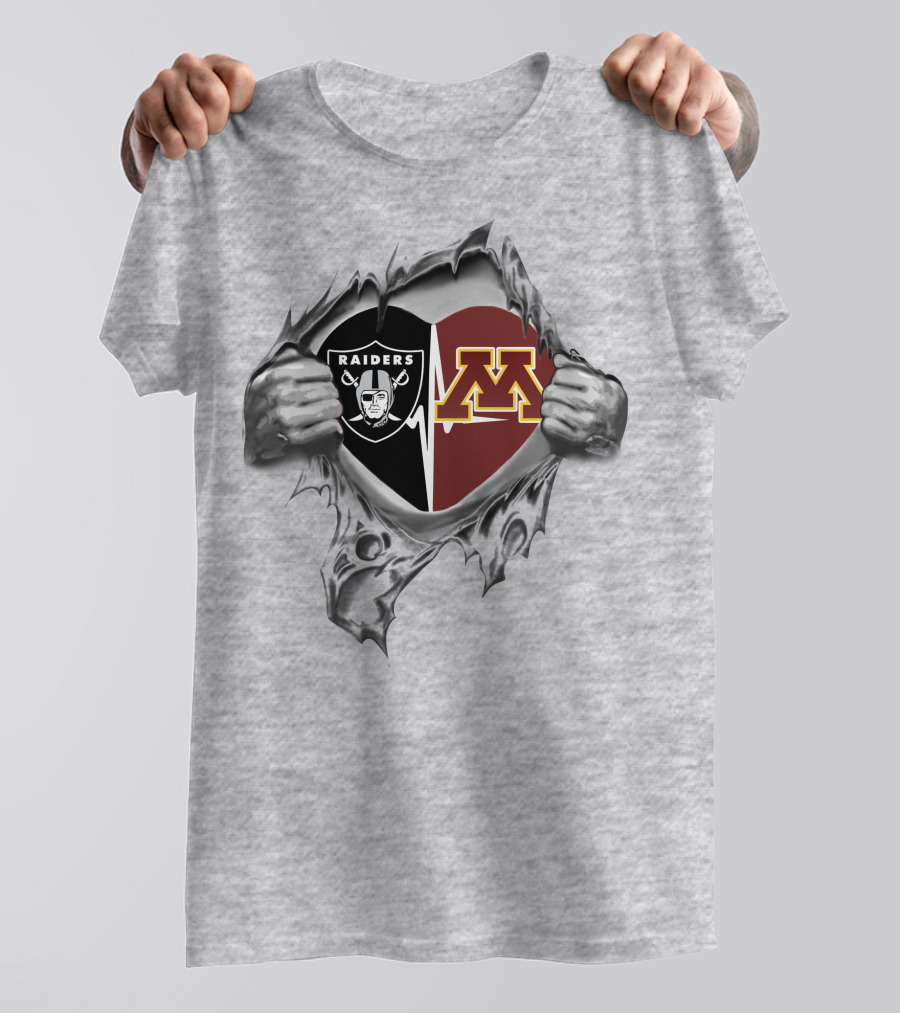 Raiders And University Of Minnesota Heart Logos With Hands Tearing Fabric T-Shirt