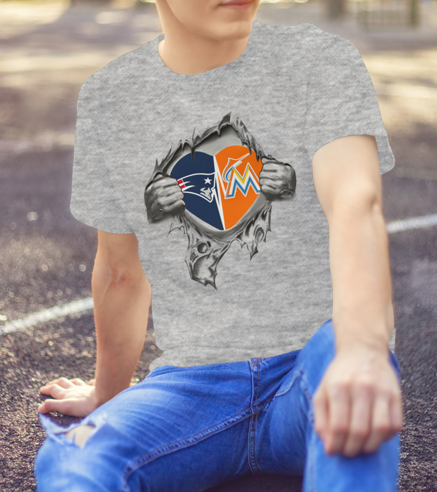 Patriots Marlins Heart Split With NFL And MLB T-Shirt