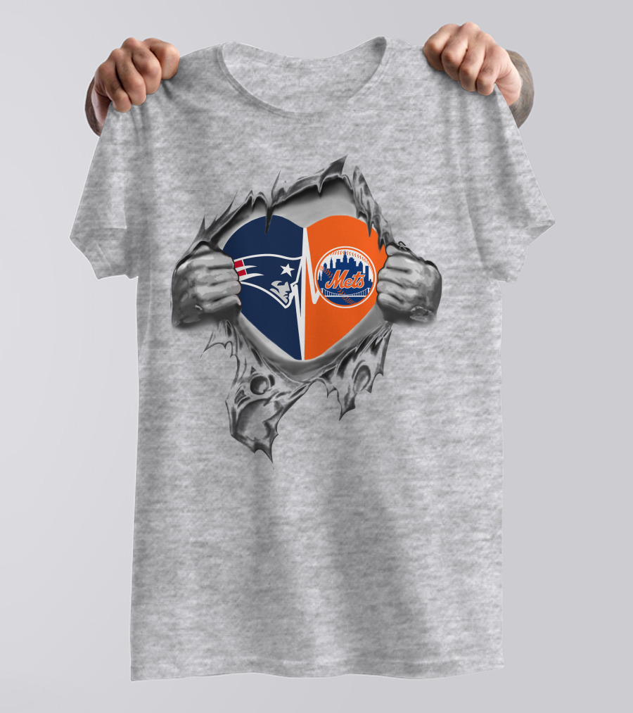 Patriots Mets Heart Design Featuring Iconic Logos And Split Color Scheme T-Shirt