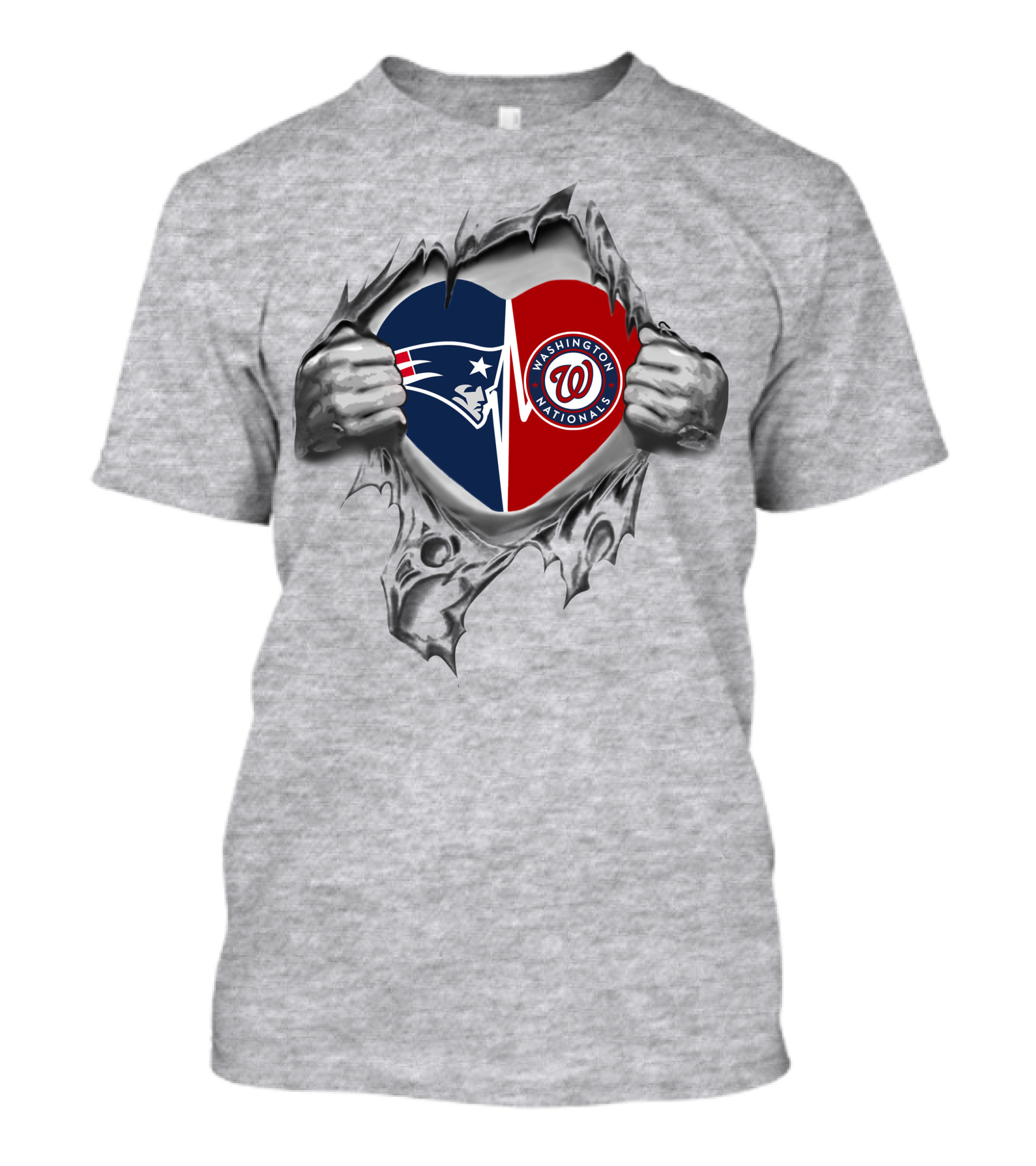 Patriots Nationals Heart With Split Logo And Ripped Hands T-Shirt