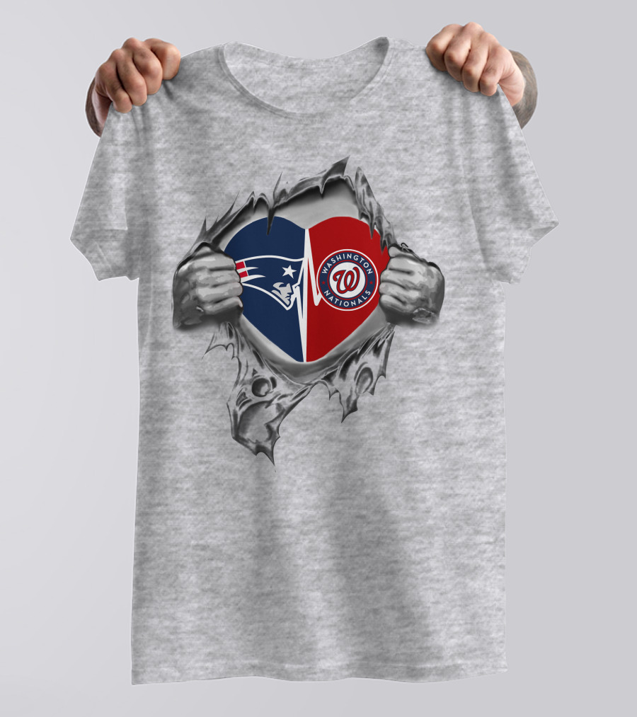 Patriots Nationals Heart With Split Logo And Ripped Hands T-Shirt