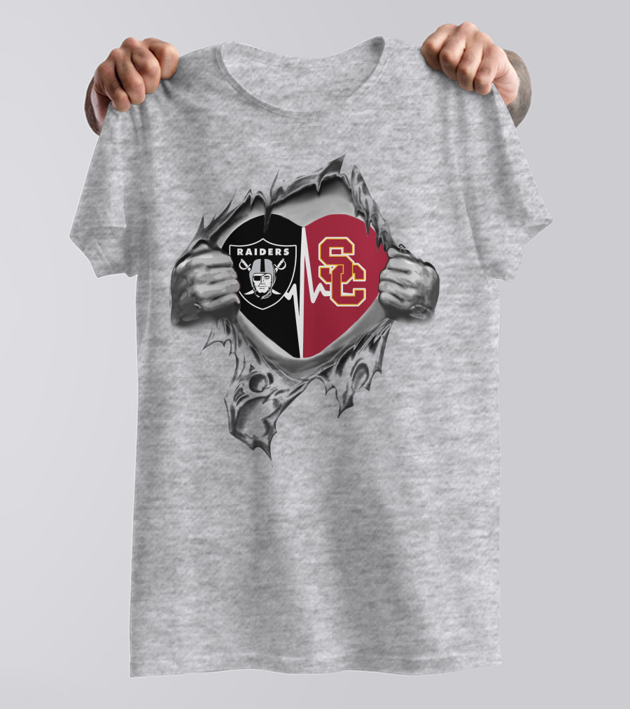 Raiders Trojans Heartbeat Logo Inside Torn Chest T-Shirt