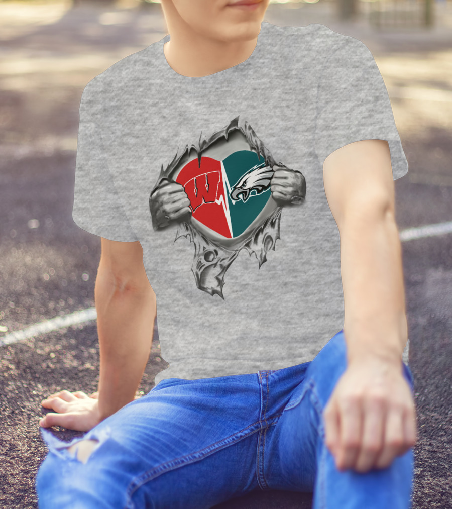 Eagles Badgers Heart Design Featuring Wisconsin And Philadelphia T-Shirt