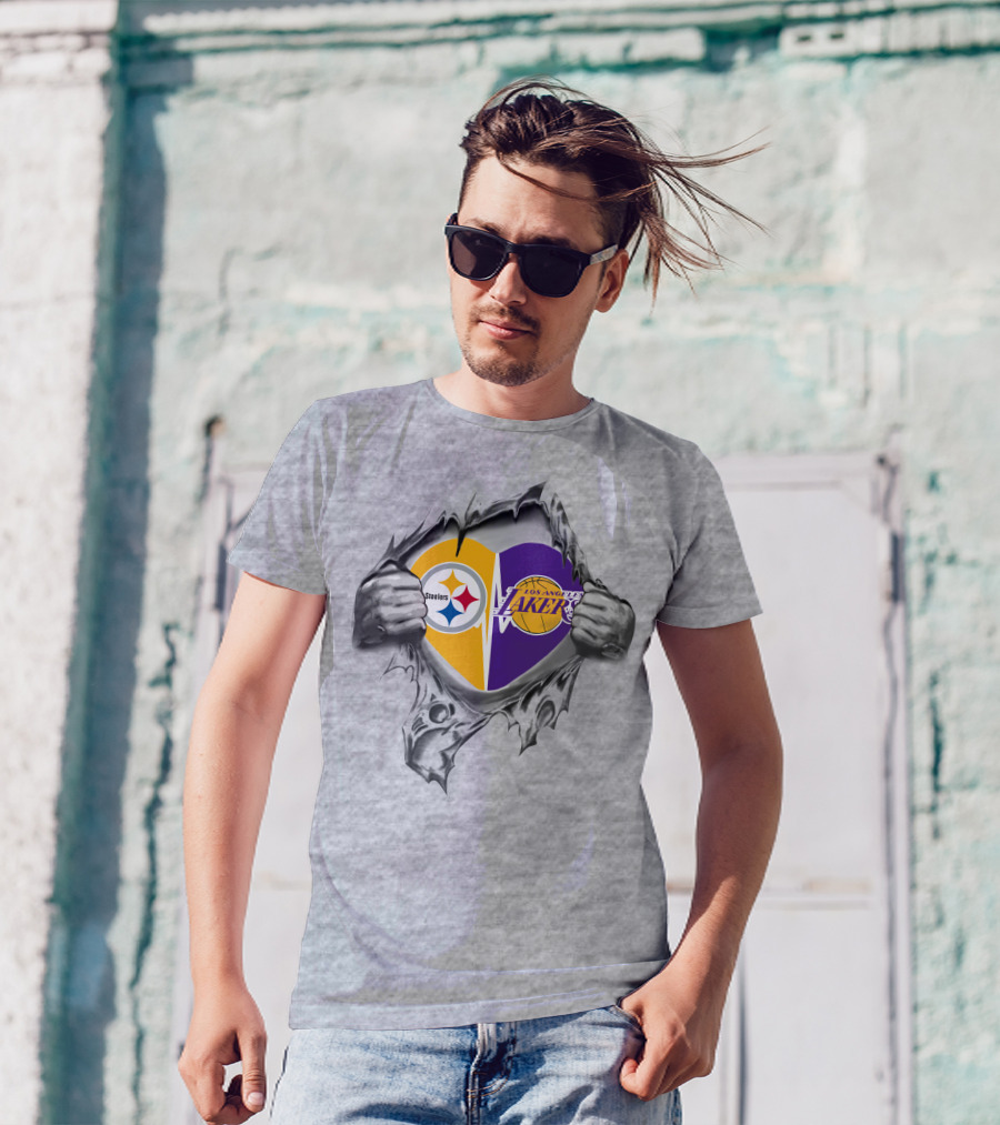 Pittsburgh Steelers Los Angeles Lakers Heart Logo Fusion T-Shirt