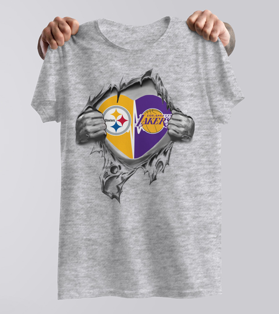 Pittsburgh Steelers Los Angeles Lakers Heart Logo Fusion T-Shirt