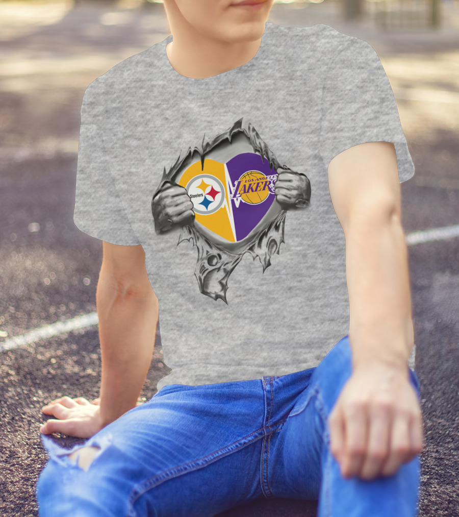 Pittsburgh Steelers Los Angeles Lakers Heart Logo Fusion T-Shirt