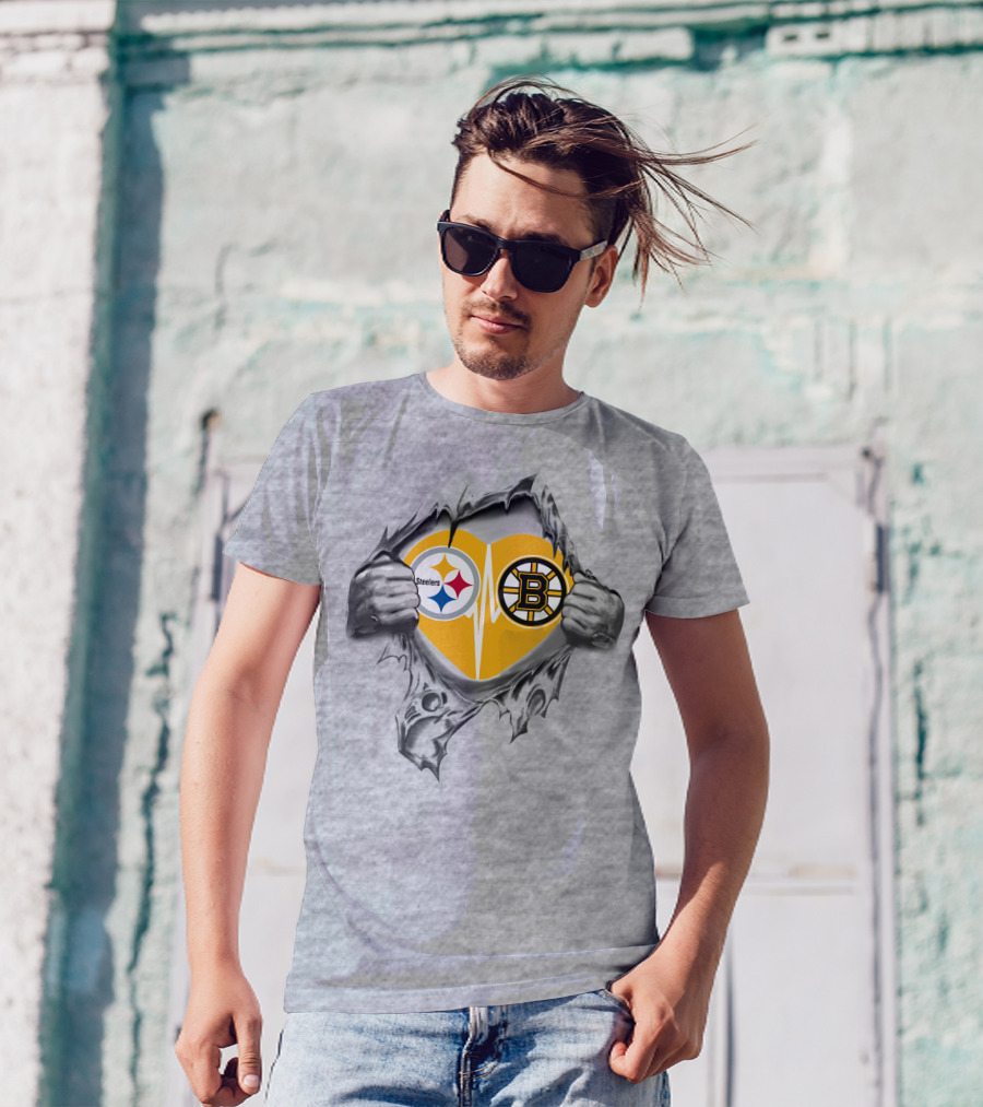 Steelers Bruins Heart Torn Open With Logos T-Shirt