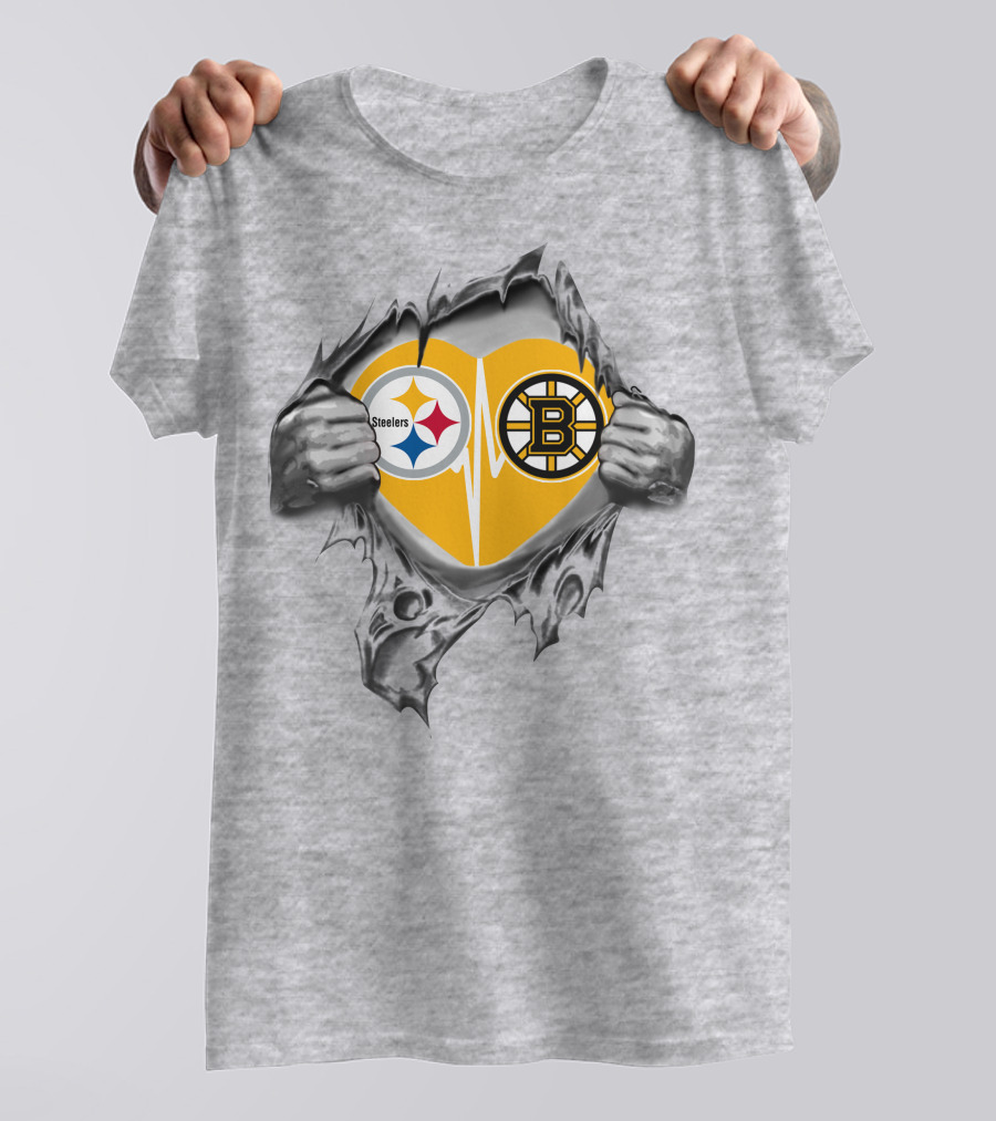 Steelers Bruins Heart Torn Open With Logos T-Shirt